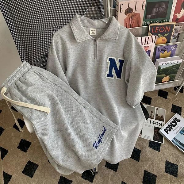 

women's two piece pants summer shorts matching set women casual clothes solid sportswear suit female turn down collar letter drawstrin, White