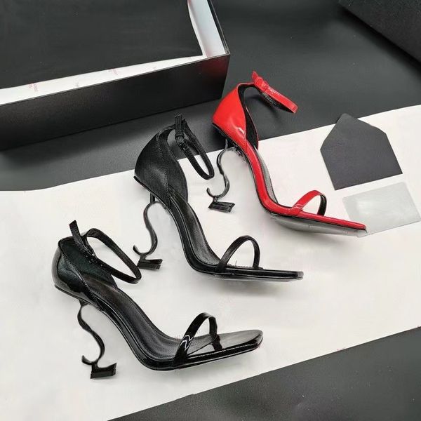 

designer opyum high heel classic dress shoes sandal metal letter heel open-toe pumps fashion stiletto patent leather wedding party dress sho, Black