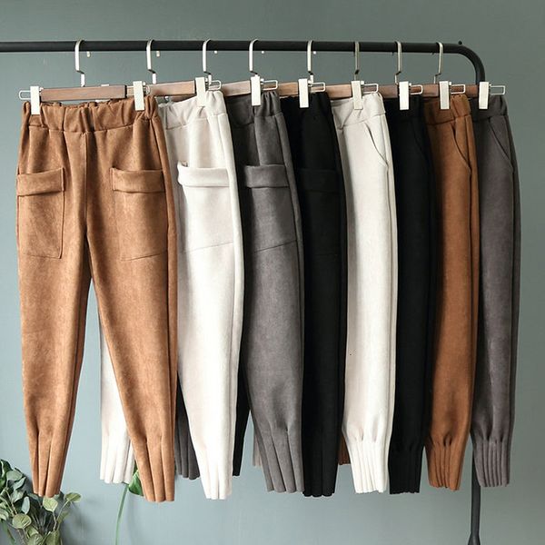 

women's pants capris casual autumn winter women pants korean elastic high waist pockets suede harem pants trousers women pantalon femme, Black;white