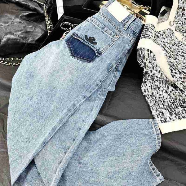 

women's jeans designer 23 new pocket contrast metal denim straight leg wide trousers for women 9gi0, Blue