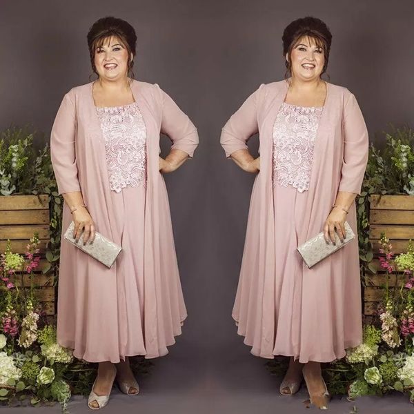 

boho chiffon mother of the bride dresses suits 2023 pink long jacket lace applique ankle length a-line long wedding party dress plus size pr, Black;red