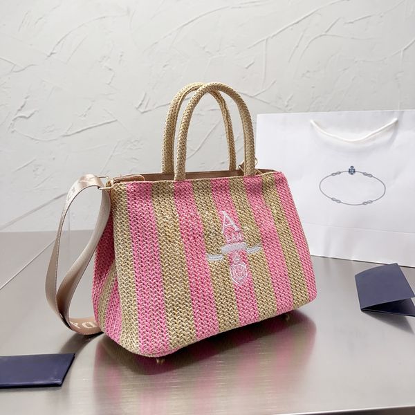 

womens summer shouder bags genuine raffia braided embroidered letters totes luxury designer women handbags shopping outdoor handbag with tri
