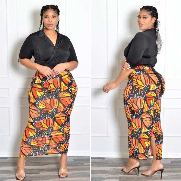 

womens selling all skirt match split printed large size, Black