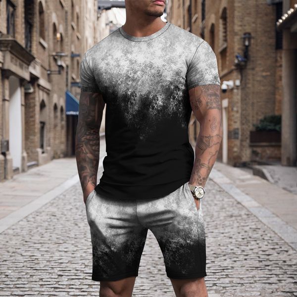 

men's tracksuits set urban summer mens sets 2023 two piece casual short sleeve t shirts outfits man streetwear colorful splash ink prin, Gray