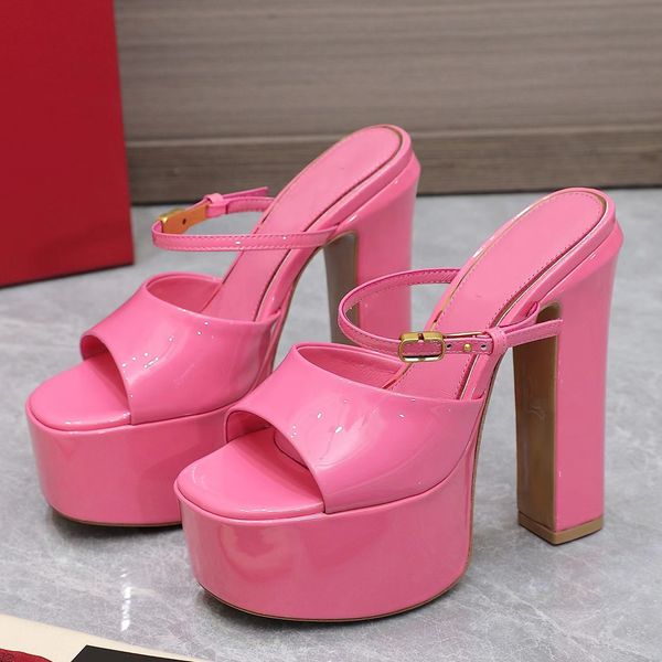

high heel sandals women fashion platform thick bottom 15.5cm summer ankle strap buckle designer dress shoe patent leather casual classic fac, Black