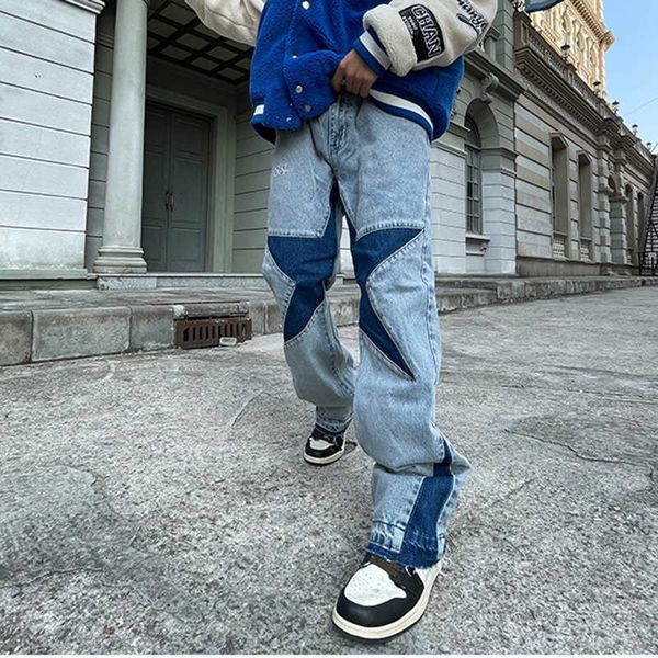 

men's jeans harajuku stars letter embroidery patchwork straight flare pants mens retro ripped oversized casual denim trousers y2303, Blue