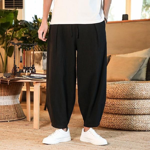 

women's pants capris loose men's cotton linen pants summer solid color breathable linen trousers male casual elastic waist fitness, Black;white