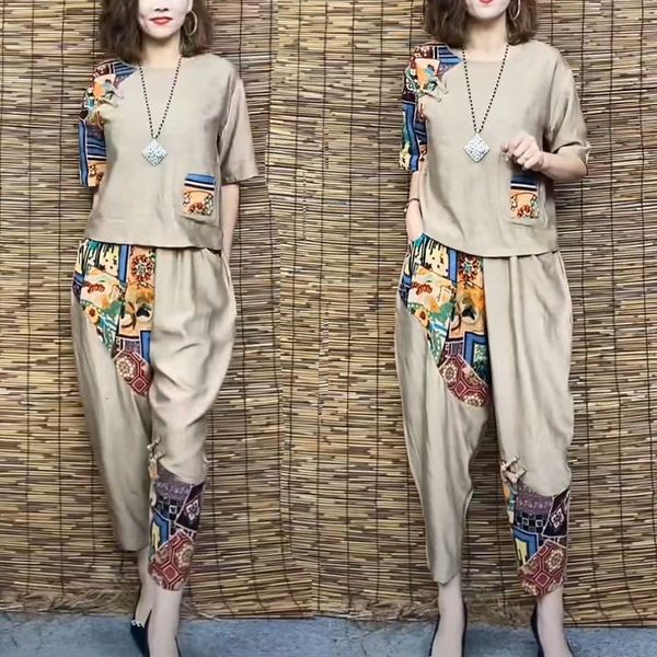 

women's two piece pants slim suit summer casual short sleeve t-shirt harlan cropped plus fashion cotton linen 2 set 230301, White