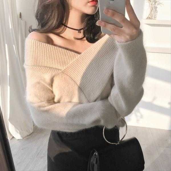 

autumn and winter sweaters blouses womens big v neck off shoulder mink fur, White
