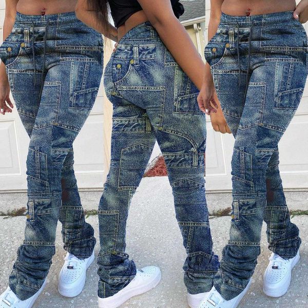

street leisure sports imitation denim capris print plus size pants, Black;white
