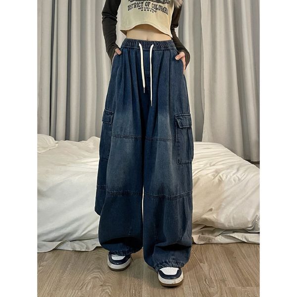 

women's jeans cargo pants clothing street vintage washed old multi pocket high waisted woman casual wide leg baggy 230301, Blue