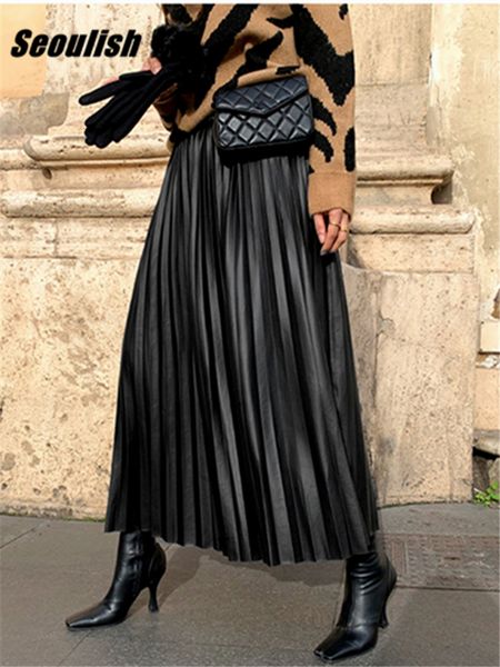 

skirts seoulish autumn winter faux pu leather pleated long skirts for women high waist all-match umbrella chic skirts female 230301, Black