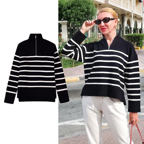 

women's sweaters traf sweater knitted autumn winter warm women sweater knitted pullover fashion striped youth street pullover sweater 2, White;black