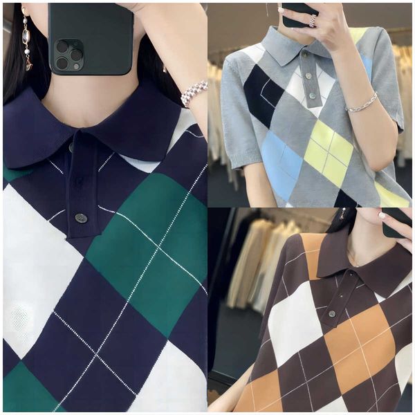 

t-shirt diamond plaid polo neck knitted sleeve women's summer 2023 new loose casual wear short lapel top, White