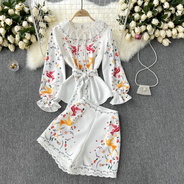 

women s two piece pants spring autumn print runway suit ladies shirt sweet and wide leg shorts pant women two piece set 230228, White