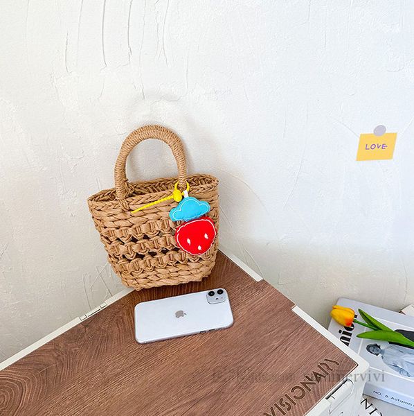 

children hollow grass weaving handbags kids strawberry flower carrot pendant shopping basket summer girls easter princess bag z05501, Black