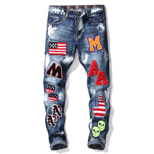 

men's jeans new fashion brand autumn winter patchwork ripped embroidered stretch trendy holes straight denim trouers y2303, Blue