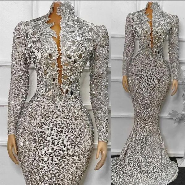 

2023 silver sequins mermaid evening dresses long sleeves gillter beaded aso ebi occasion wear arabic prom gown vestidos, Black;red