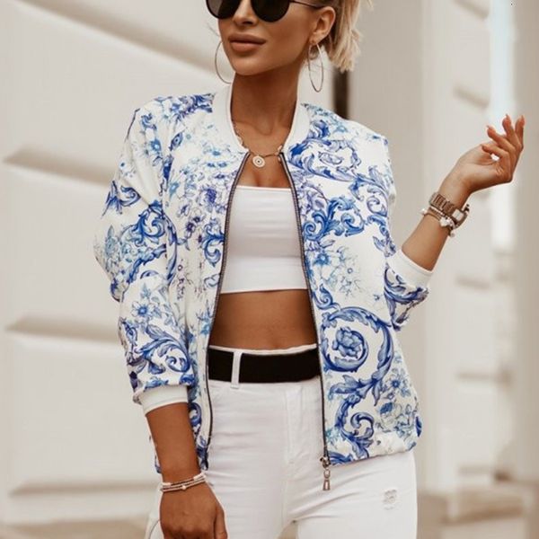 

womens jackets flower print long sleeve bomber jacket fashion zipper up vintage coat elegant slim basic ladies outwear 230301, Black;brown