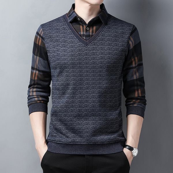 

men's sweaters winter fashion men's sweater fleece thickened knitted men clothing fake two piece shirt sweaters men's warm kn, White;black