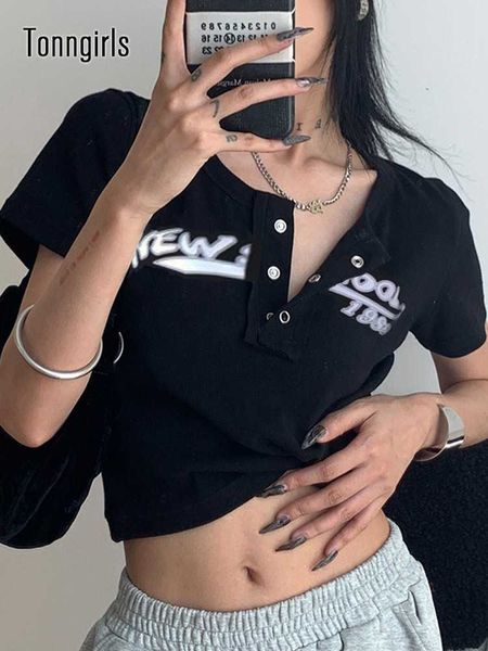 

women's t-shirt tonngirls retro graffiti print elastic t shirt women slim crop black short sleeve oneck grunge tee summer z0301, White