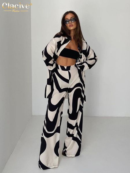 

womens two piece pants clacive fashion long sleeve blouse 2 piece sets womens outfits casual loose print pants set female streetwear wide tr, White