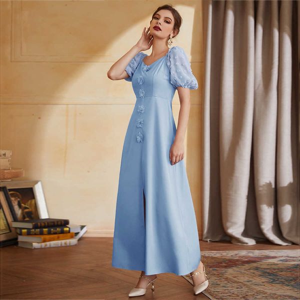 

women's casual dresses zty-214432023 dresses embroidered high waist short bubble sleeve long skirt spring and summer, Black;gray