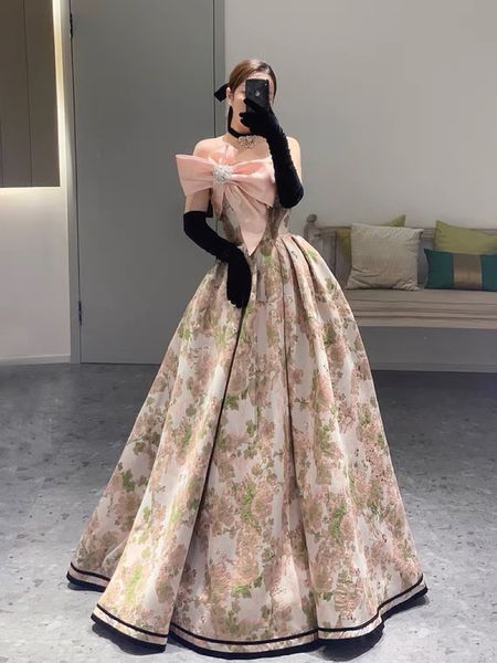 

gorgeous strapless evening dresses jacquard floral print french style satin with bow fairy crystal a-line prom party gowns woman 2023, Black;red