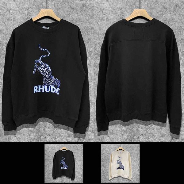 

rh street trend limited sweatshirts rhude os loose casual hip-hop high street pullover round neck sweater 2kza, Black