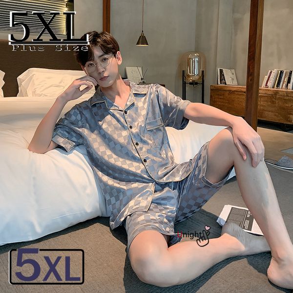 

men's sleepwear men's summer silk pajamas 5xl oversized sleepwear satin pajama short set pijama home men plaid pyjamas lounge set, Black;brown