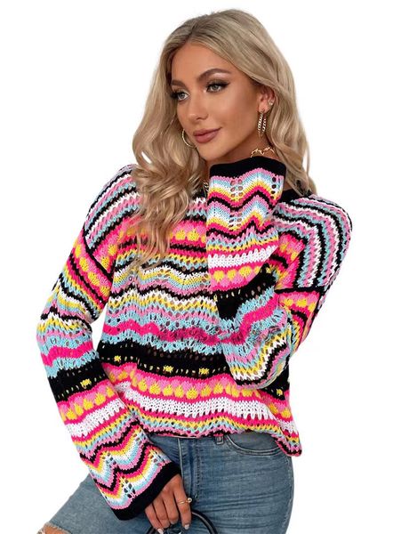 

women sweaters long sleeve crew neck striped color block casual loose knitted pullover sweater, White;black