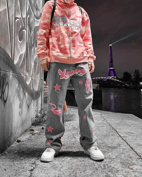 

retro pink embroidery jeans woman print star slouchy vintage new baggy jeans women wide leg y2k pants women jeans, Blue