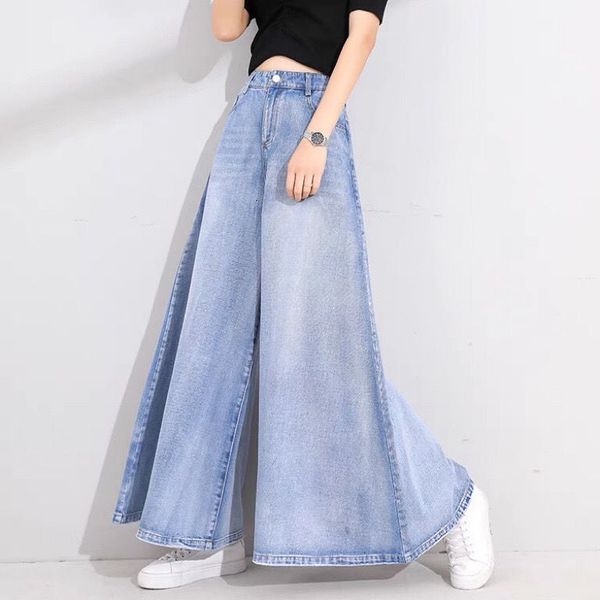 

women's jean cotton full length softener wide leg pants bellbottoms loose girls simple luxury 230301, Blue