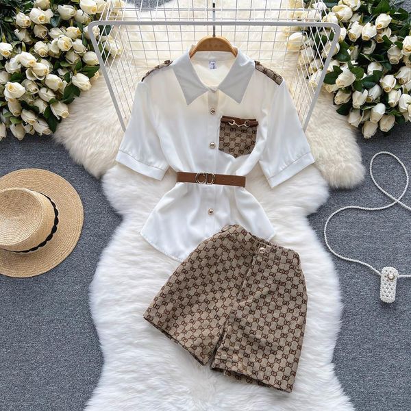 

summer girls womens tracksuits two piece pants suit hy0169 sweet foreign style aging french lapel waist narrow short sleeved shirt two-piece, White