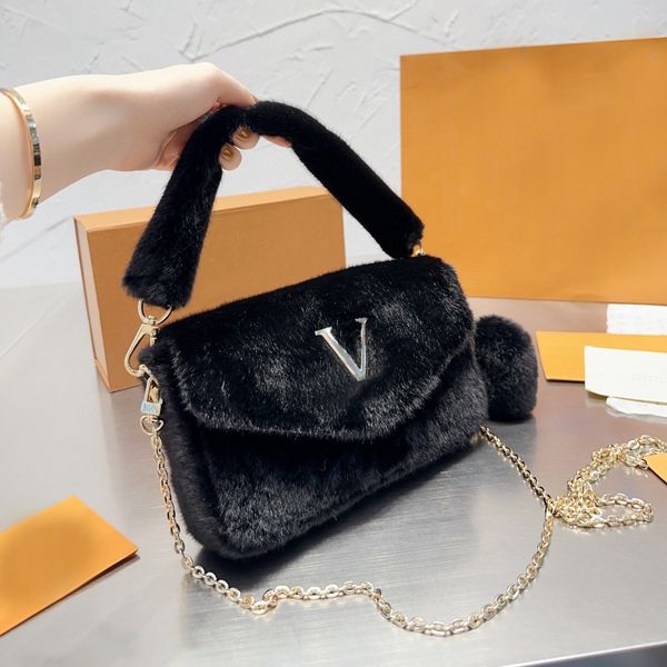 

designer bag cute furry handbag women tote metal chain imitation rabbit fur crossbody purse