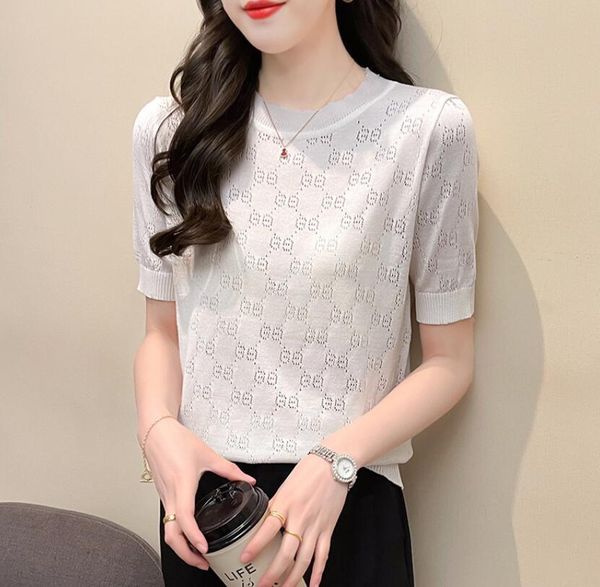

women's knits tees 2023gluxury brands summer thin short sleeve t-shirt women's round neck hollow ice silk knit loose slim bottom t, White
