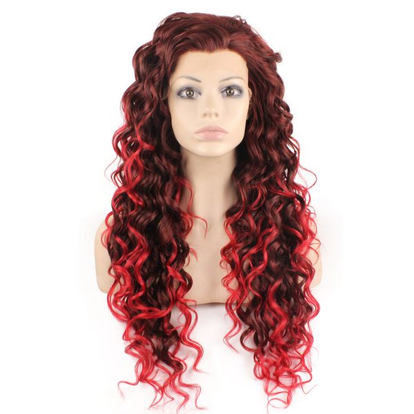 

26" extra long curly lace front wig auburn tip-red heat friendly synthetic hair wig, Black
