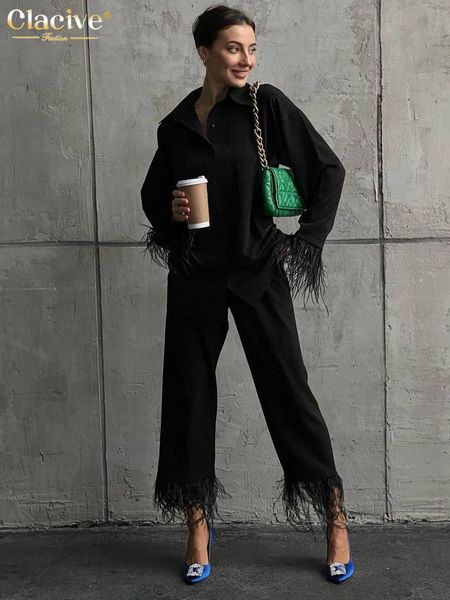 

womens two piece pants clacive causal white home suit women spring elegant loose shirt set female fashion feather spliced trouser suits 2303