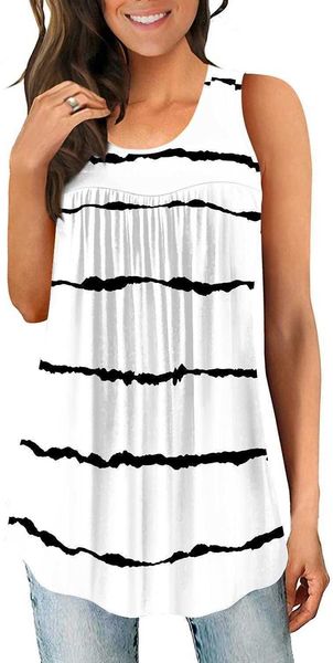 

summer womens printed round neck camis pleated sleeveless vest t shirt, White