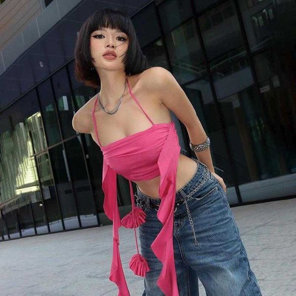

summer pleated ribbon halter tee ins niche design girl cropped t shirt, White
