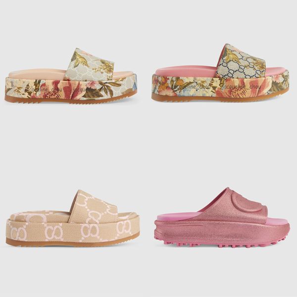 

designer platform slippers women sandals summer shoes classic prints embrodiery fashion slides thick sole sandels with box, Black