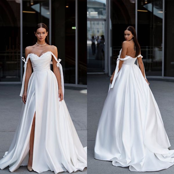 

elegant a-line wedding dresses sweetheart sleeveless applicants high front split backless zipper court gown custom made plus size bridal dre, White