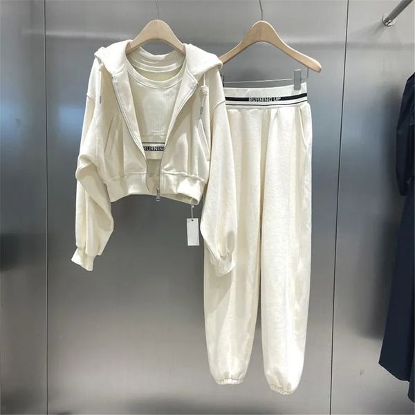 

women's two piece pants tracksuits women leisure sports suit hoodie long vest three-piece sets oversized sportwear tracksuit set autumn, White
