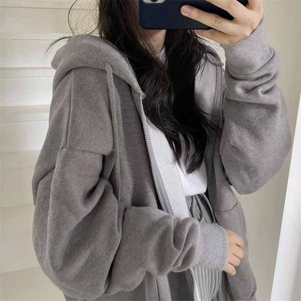 

womens hoodies sweatshirts women solid color harajuku korean version kawaii long sleeve hooded jackets autumn casual zip up oversized 230301, Black