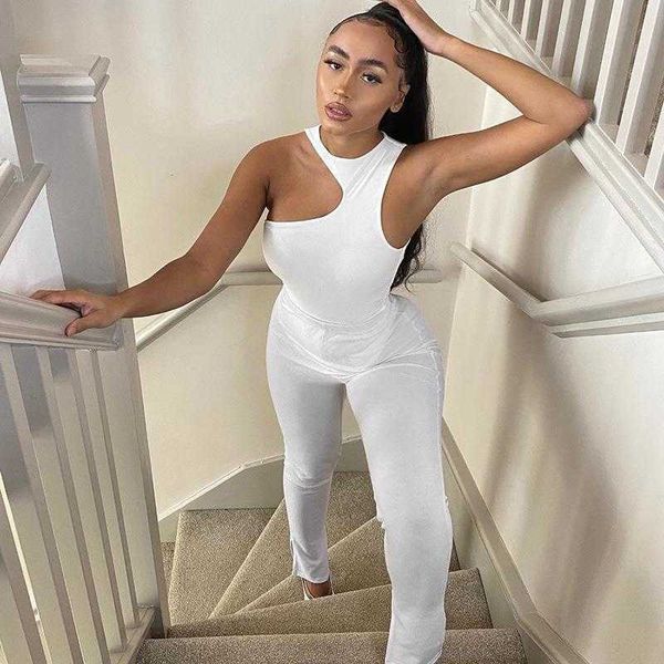

irregular one shoulder pants halter jumpsuit spring leisure slit tight trousers, White
