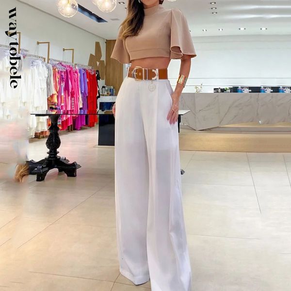 

women s two piece pants waytobele women set casual ruffled short sleeve high waist solid straight loose sets streetwear without belt 230228, White