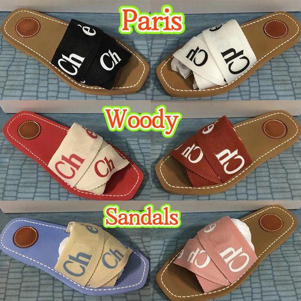 

2023 slippers designer womens woody sandals coe paris slides sandal flat mules slipper sail black mesh embroidered canvas rubber slider wome
