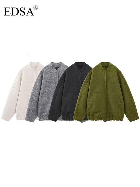

womens jackets edsa bombers coat casual loose outwear with button long sleeve gray fashion elegant pocket streetwear 230301, Black;brown