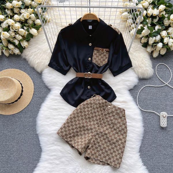 

women's two piece pants designer summer womens tracksuits suit hy0169 sweet foreign style aging french lapel waist narrow short sleeved, White