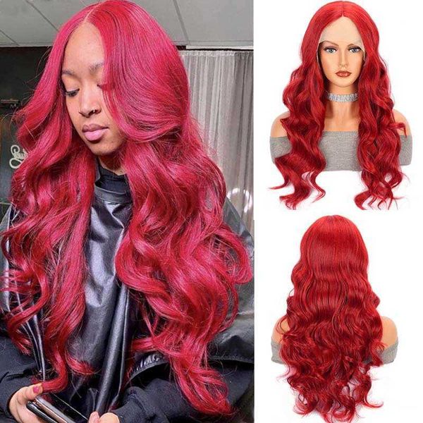 

wig natural big wave red front lace long curly hair women's chemical fiber high temperature silk full head cover 230301, Black